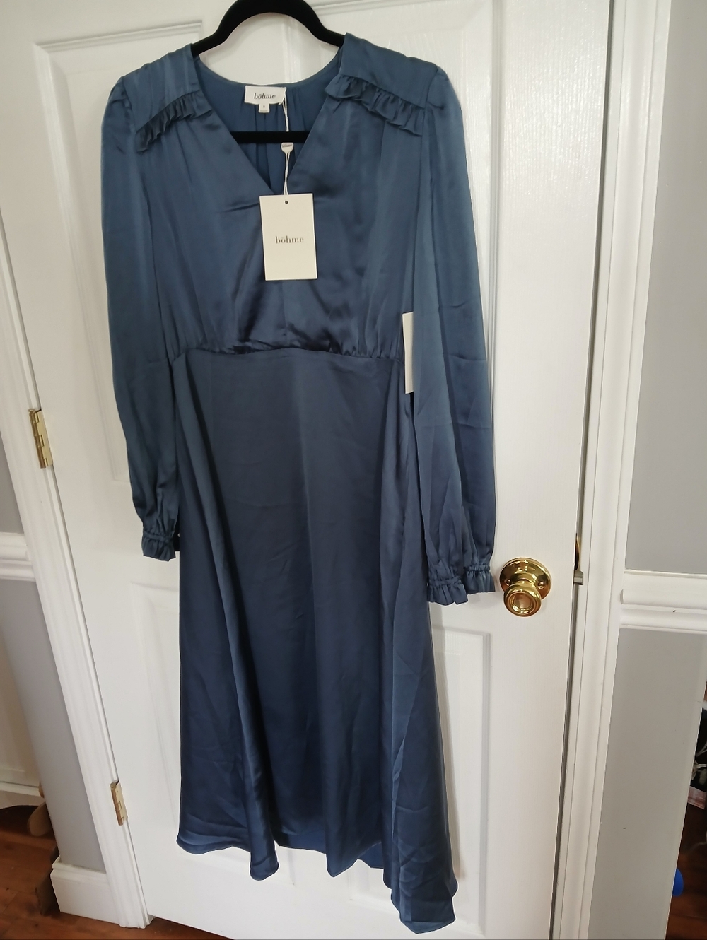 NWT Bohme Blue Long-Sleeve V-Neck Midi Dress Boho Cottage Wedding Guest Feminine - Picture 2 of 9